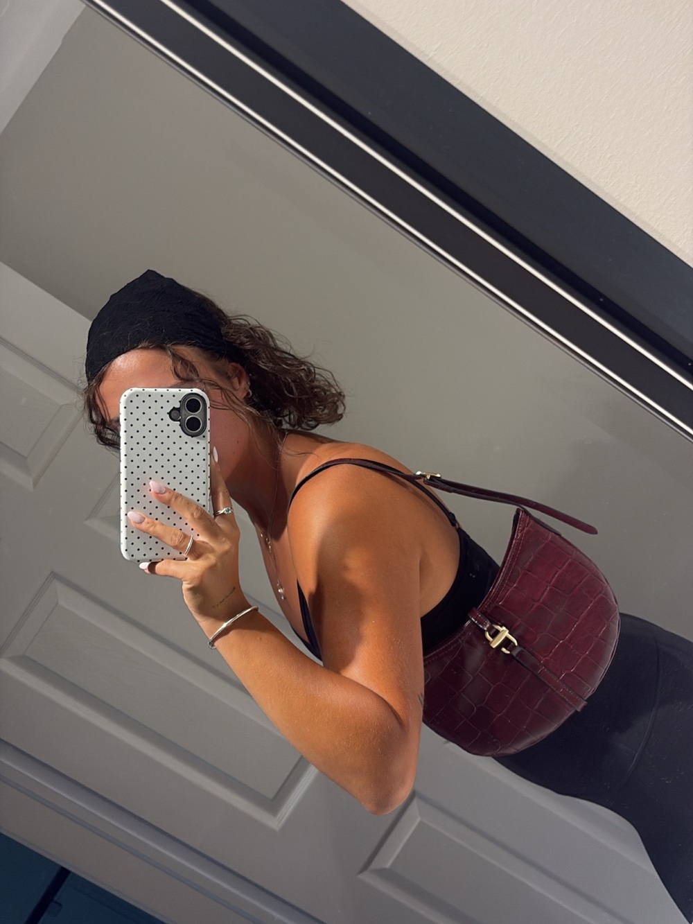 H&M Croc-Embossed Shoulder Bag in Burgundy